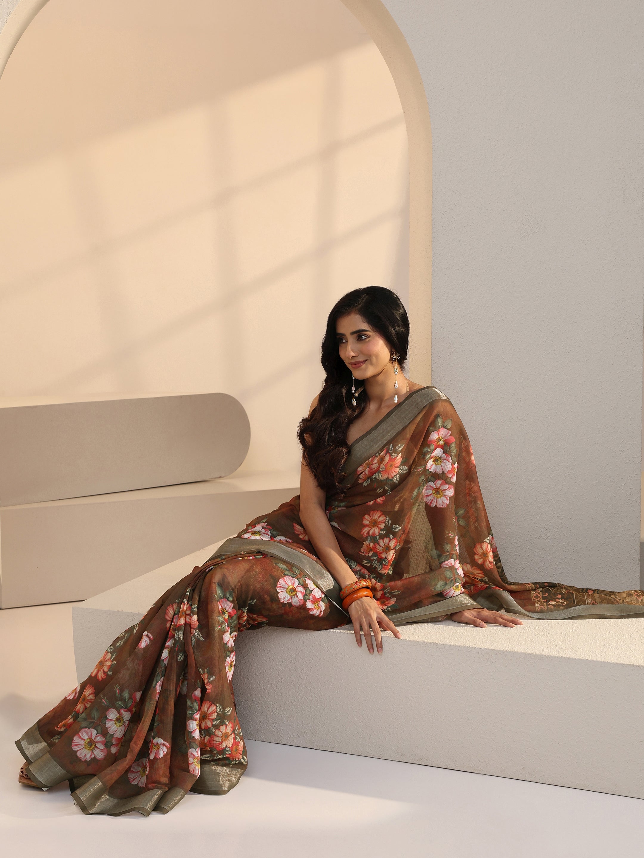 Brown Floral Print Cotton Blend Saree-image-44