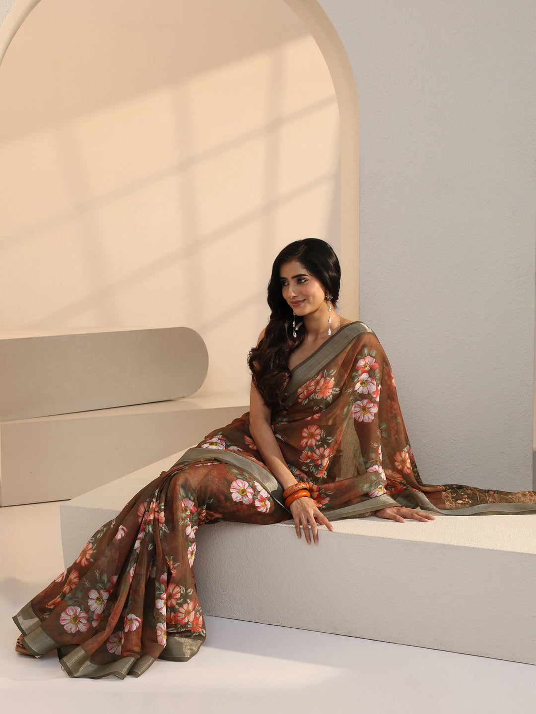  Brown Floral Print Cotton Blend Saree 