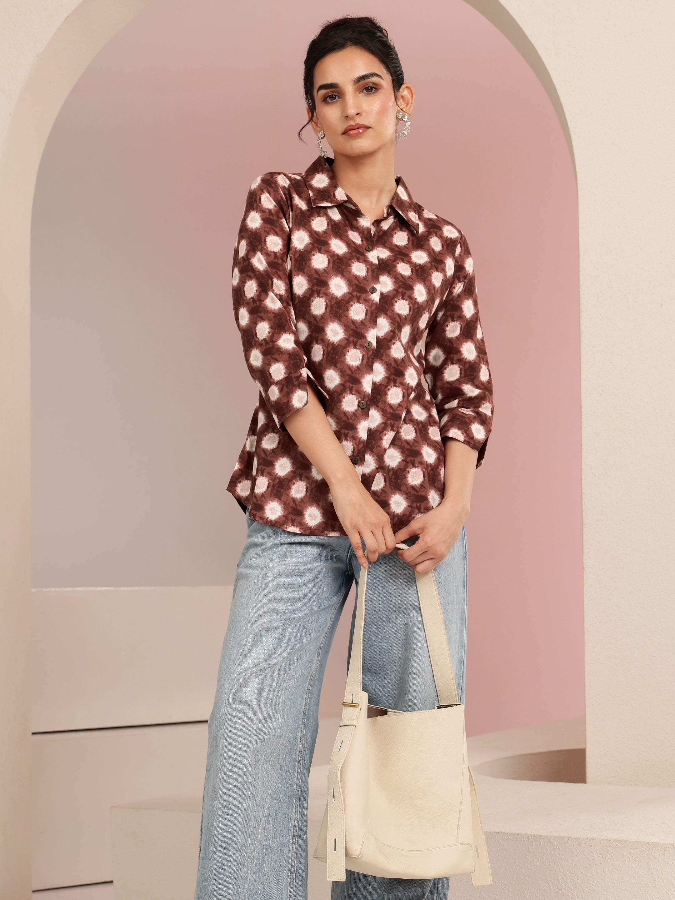 Libas Brown Ikat Dot Printed Cotton Shirt-image-9