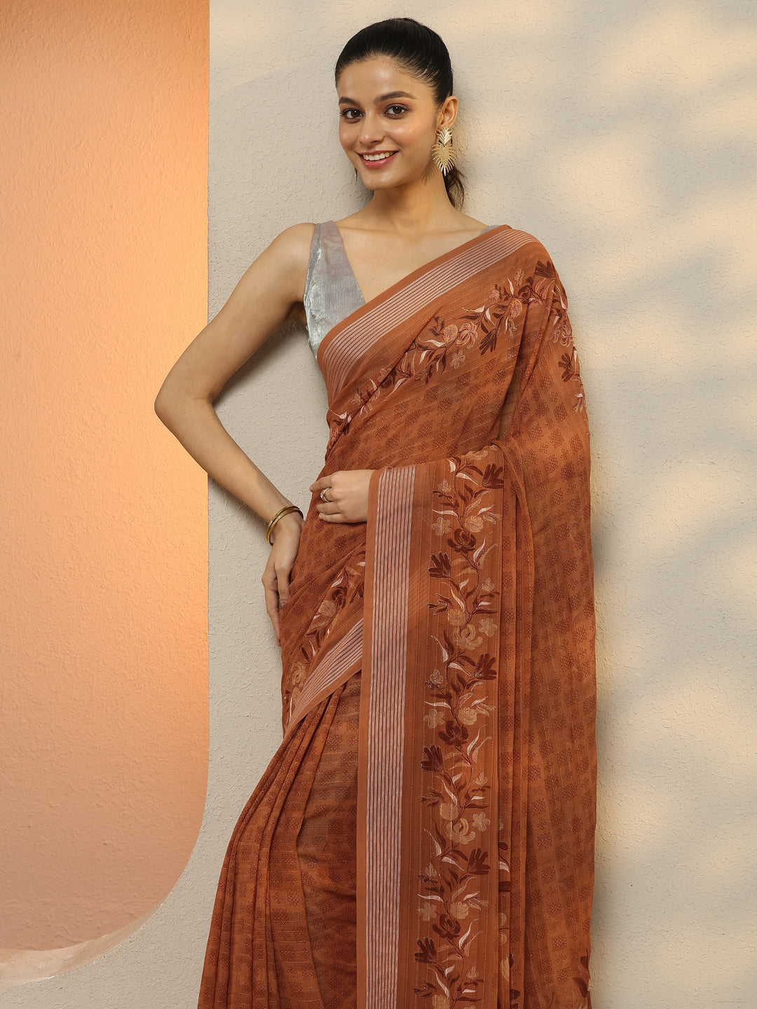 Brown Printed Georgette Saree With Unstitched Blouse Piece