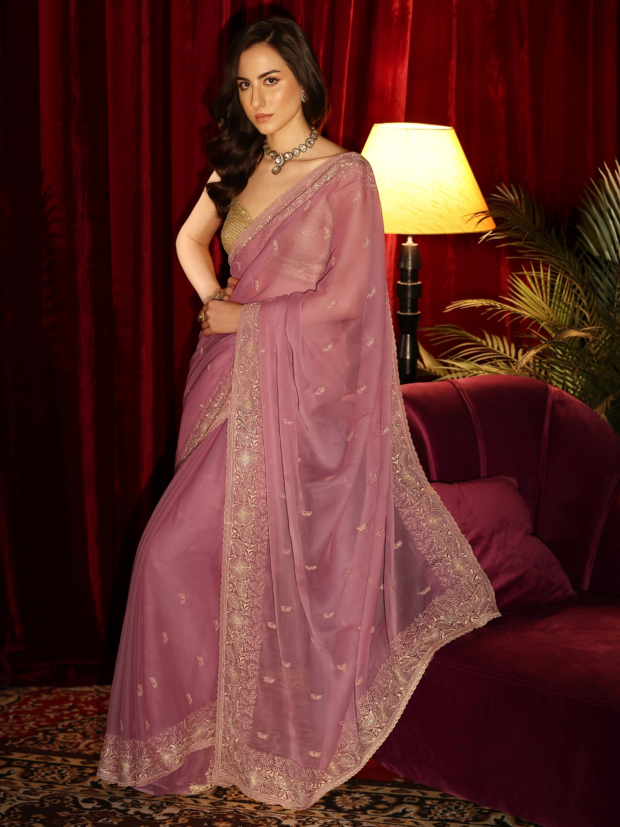 Libas Bubblegum Pink Chiffon Saree with Floral Border-picture-16