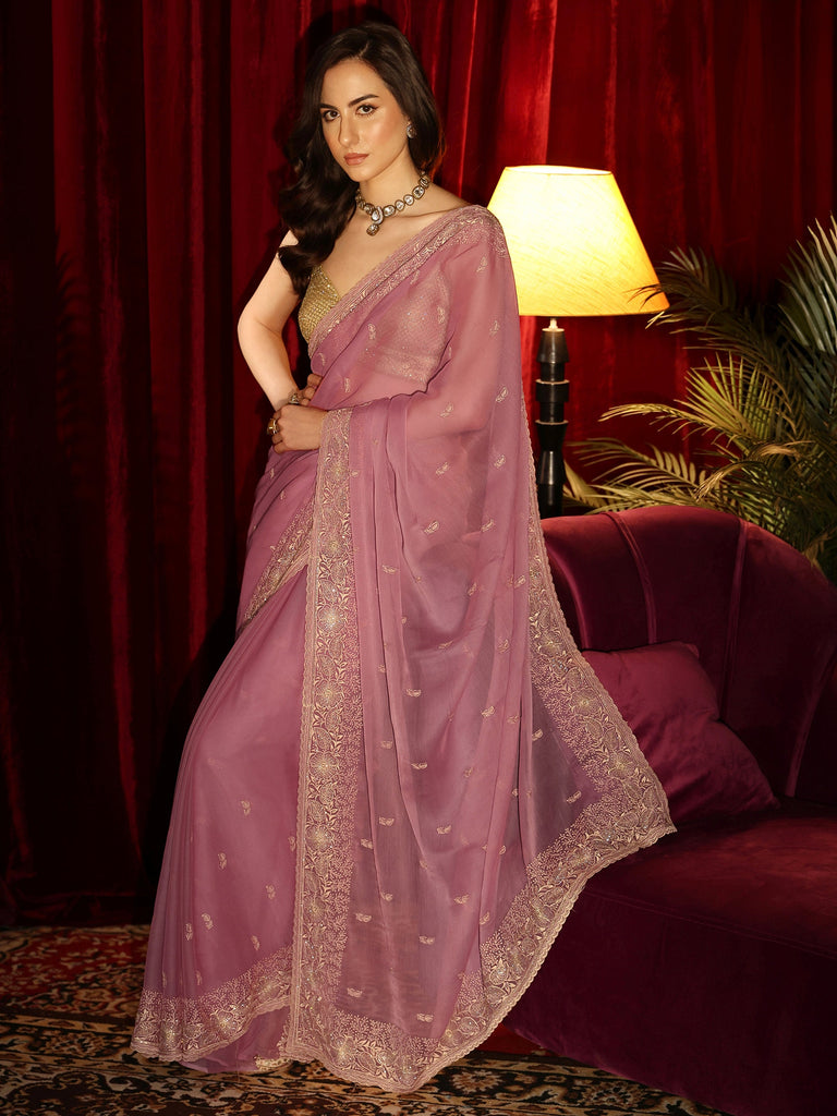 Libas Bubblegum Pink Chiffon Saree with Floral Border