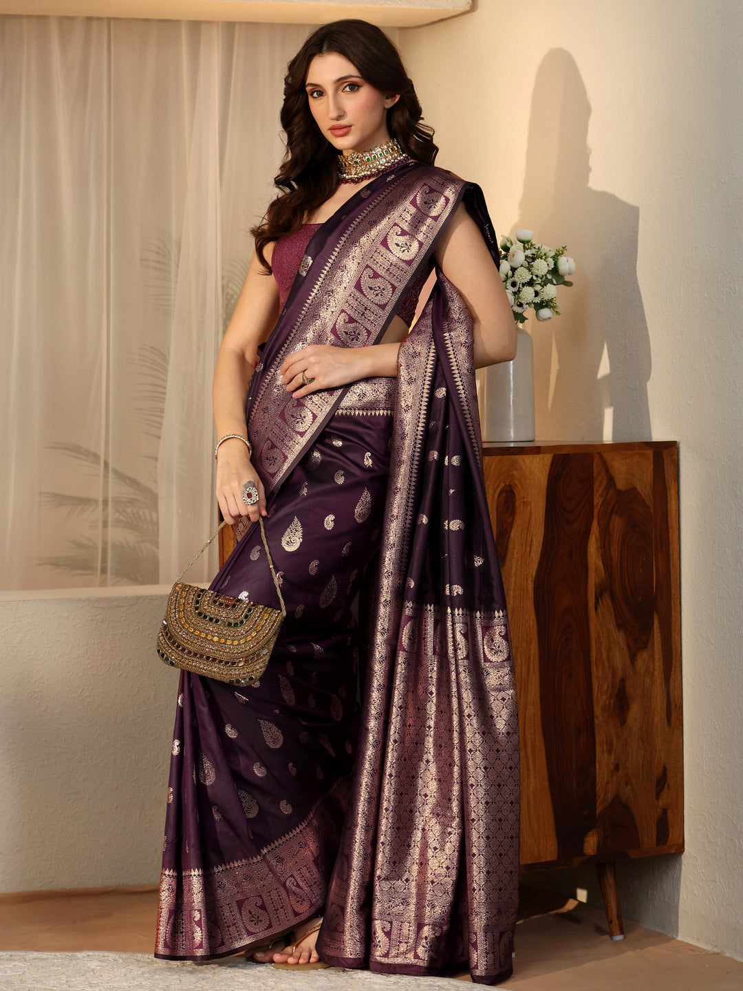 Burgundy Banarasi Silk Blend Saree