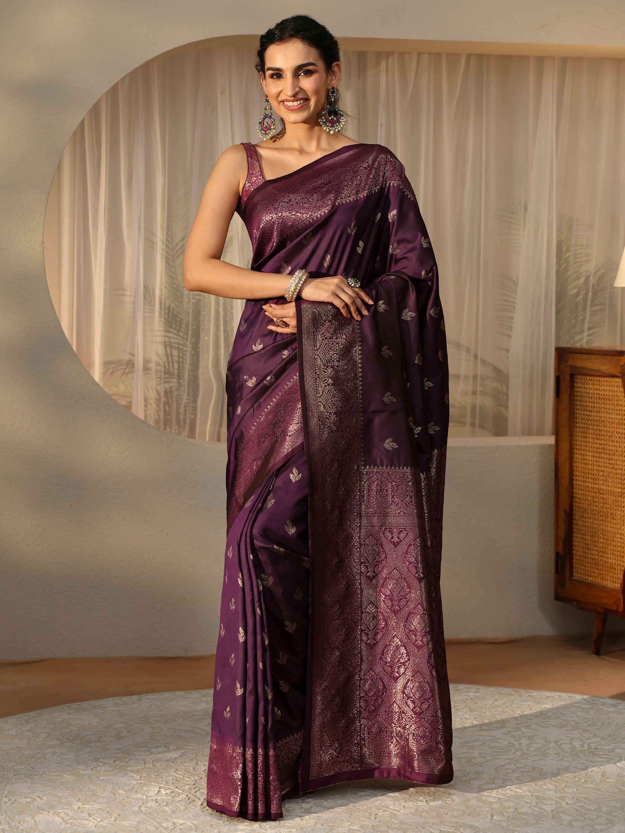 Libas Burgundy Banarasi Silk Blend Saree-picture-36