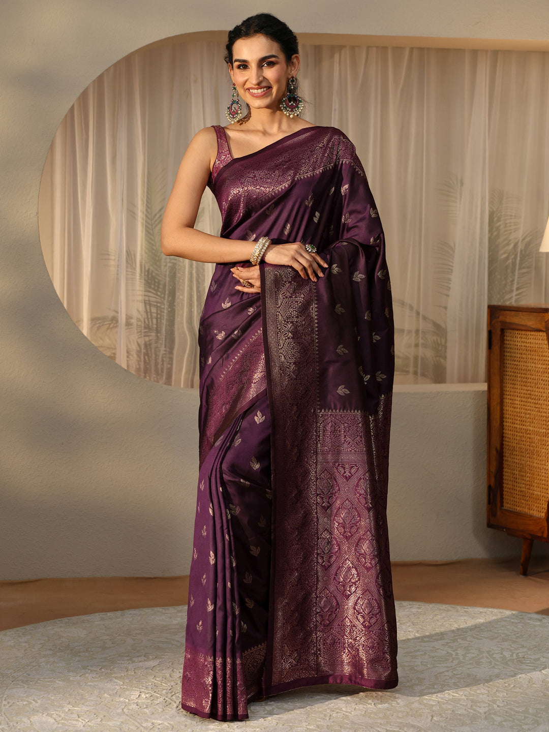  Burgundy Banarasi Silk Blend Saree 