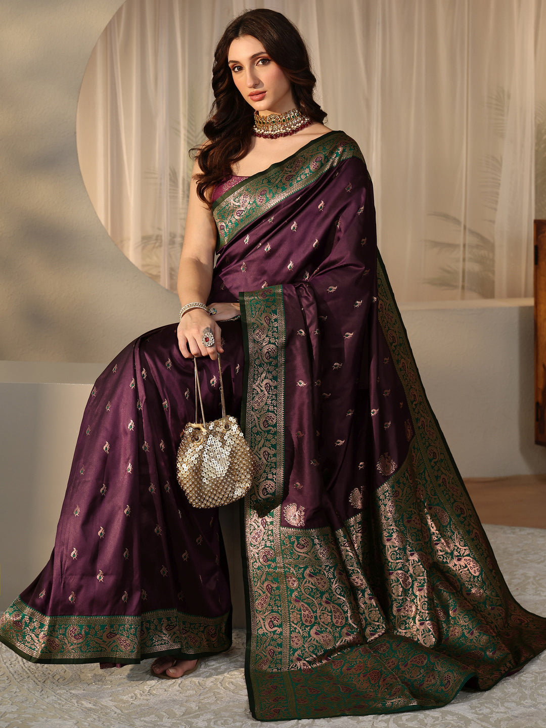 Burgundy Banarasi Silk Blend Saree