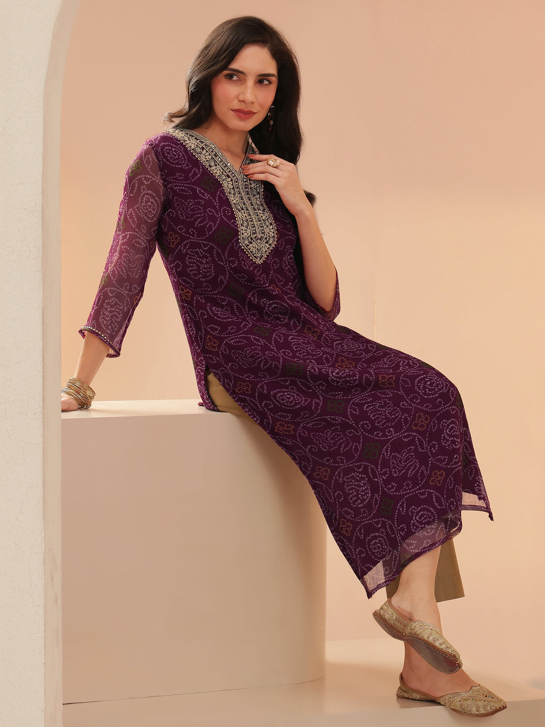  Burgundy Bandhani Printed Chiffon Straight Kurta 