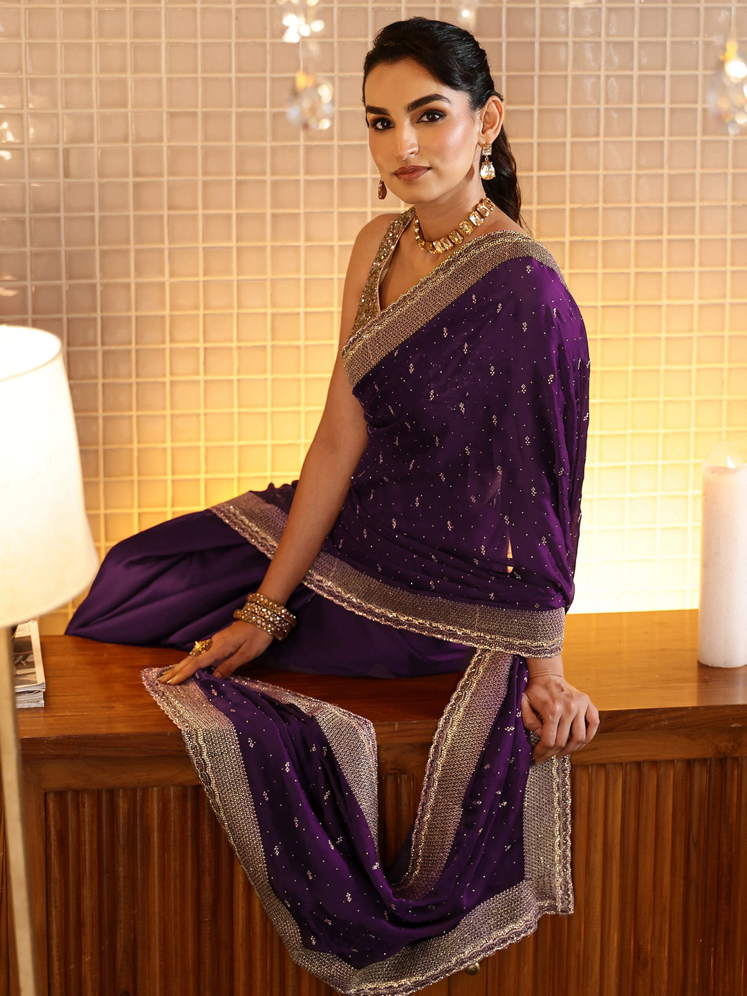  Burgundy Embellished Chiffon Saree 