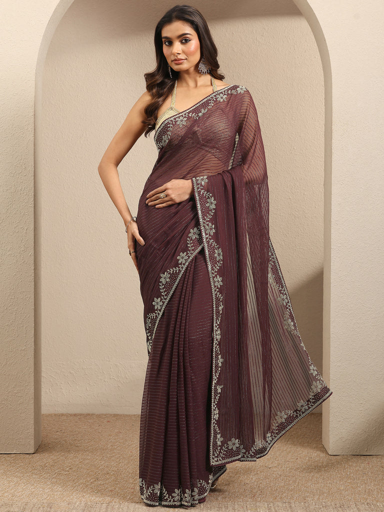 Libas Burgundy Embellished Georgette Saree With Unstitched Blouse Piece