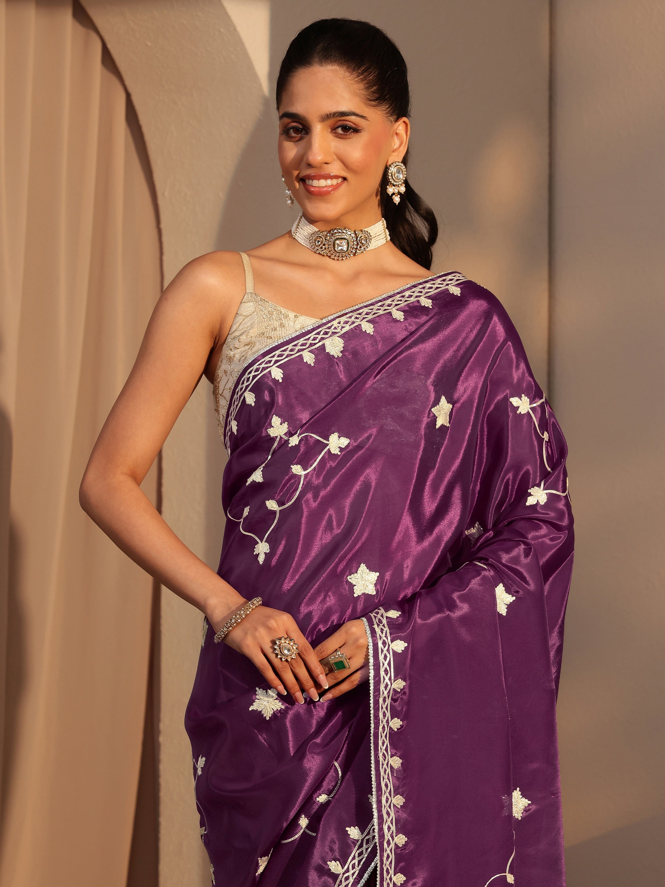 libas Burgundy Embellished Satin Saree-picture-26