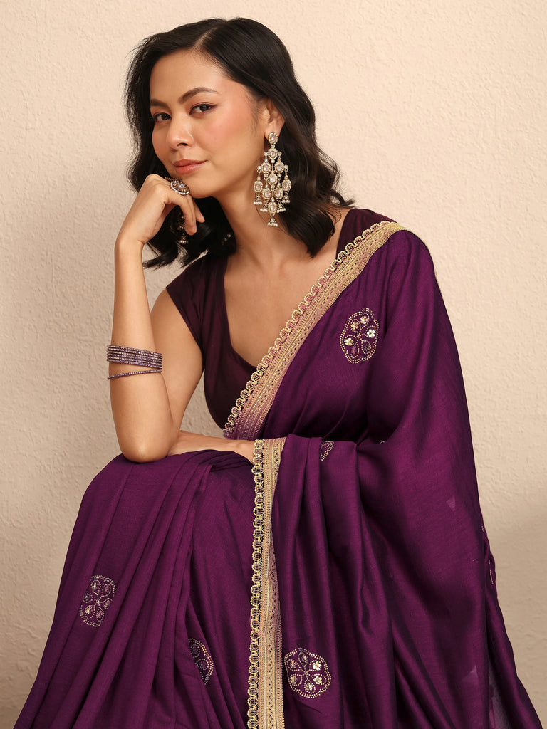 Libas Burgundy Embellished Silk Blend Saree With Unstitched Blouse Piece