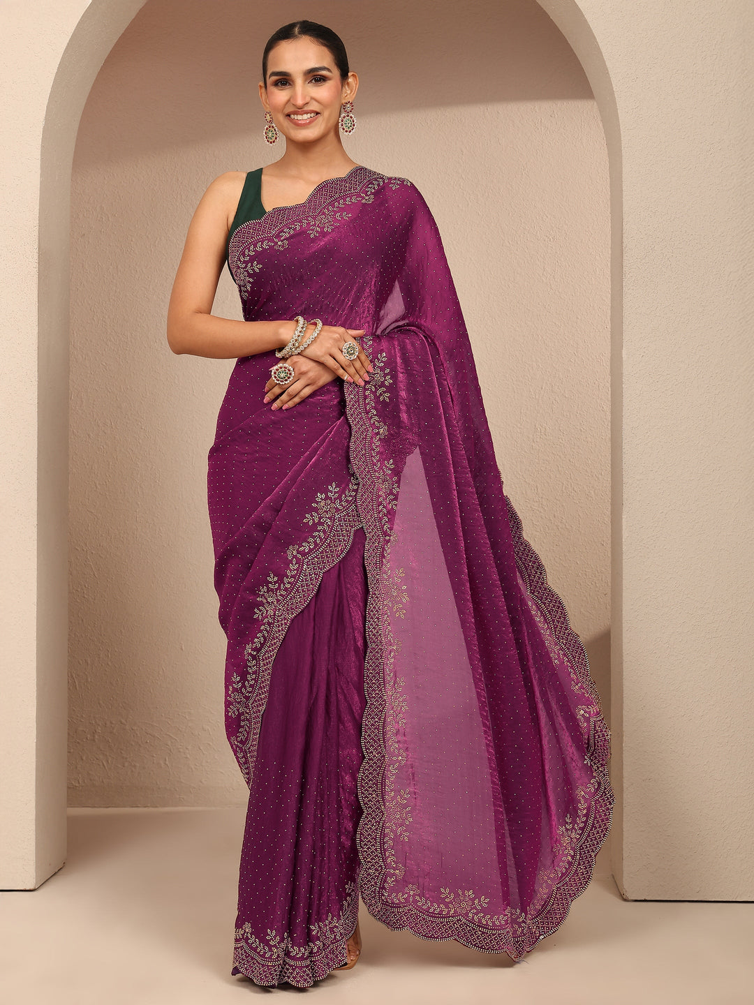 Burgundy Embellished Silk Blend Saree With Unstitched Blouse Piece