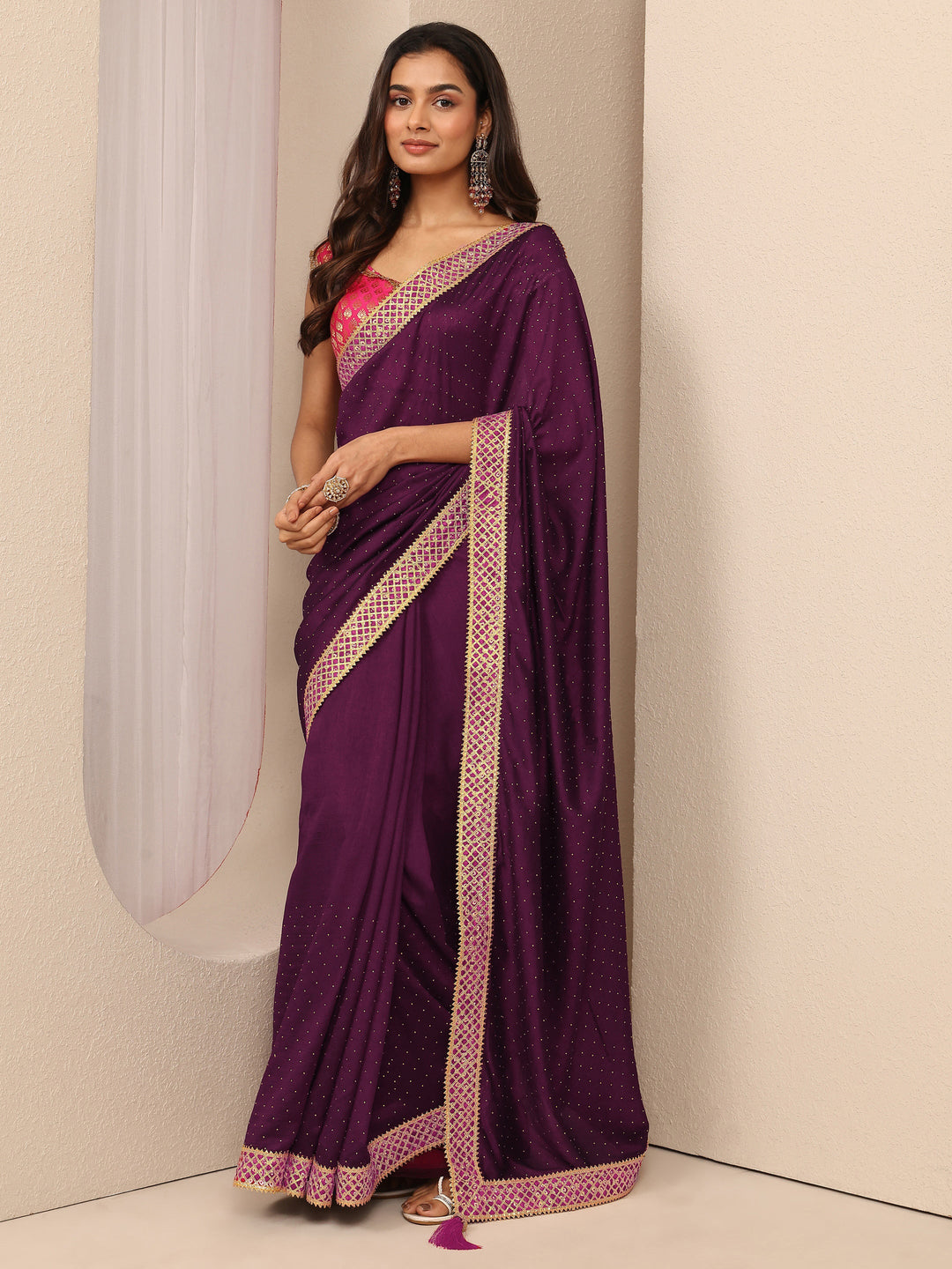 Burgundy Embellished Silk Blend Saree With Unstitched Blouse Piece