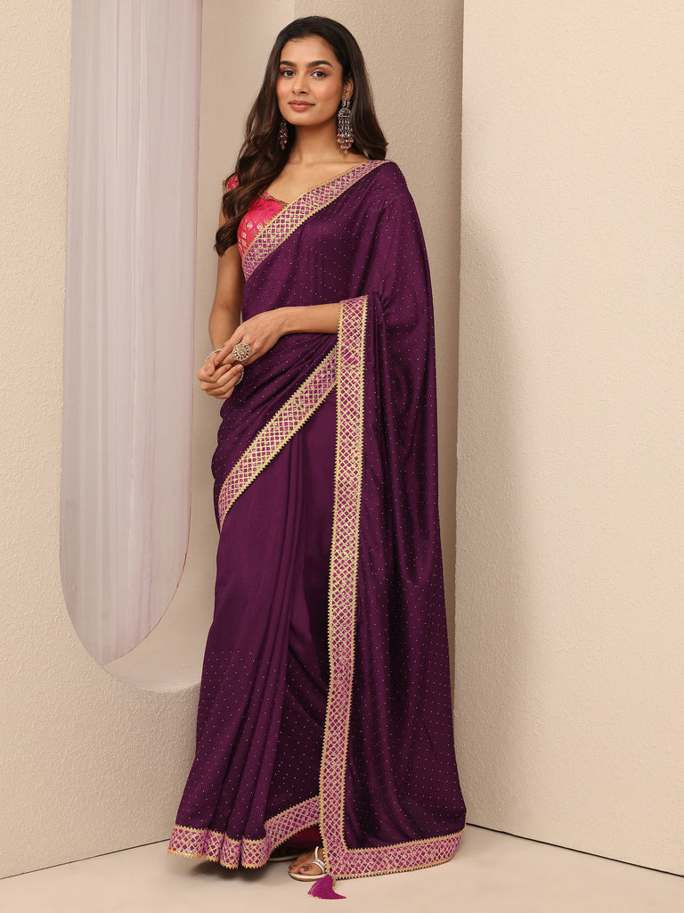 Libas Burgundy Embellished Silk Blend Saree With Unstitched Blouse Piece