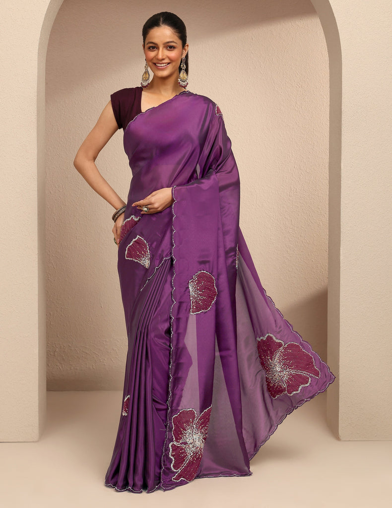 Libas Burgundy Embellished Silk Blend Saree With Unstitched Blouse Piece