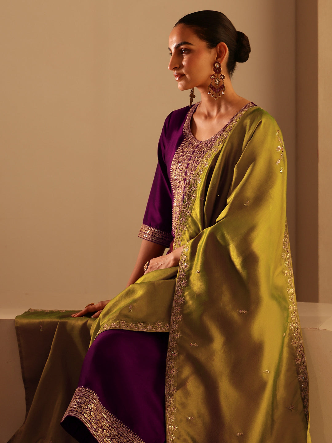  Burgundy Embroidered Chanderi Silk Straight Suit Set 