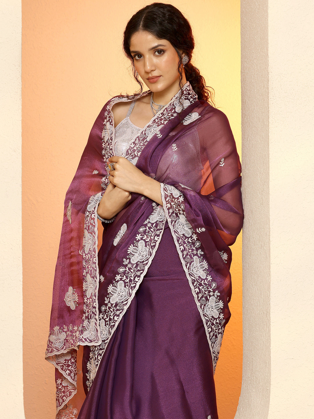  Burgundy Embroidered Organza Saree With Unstitched Blouse Piece 