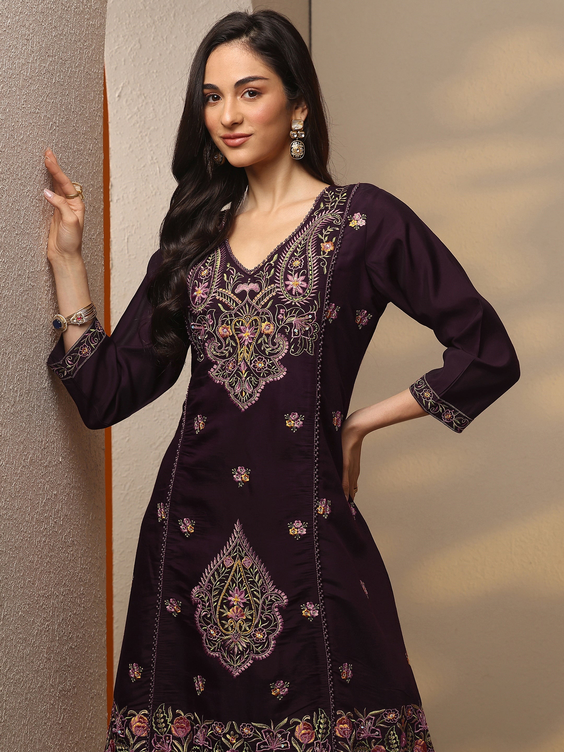 libas Burgundy Embroidered Silk Blend Co-Ord Sets-picture-34