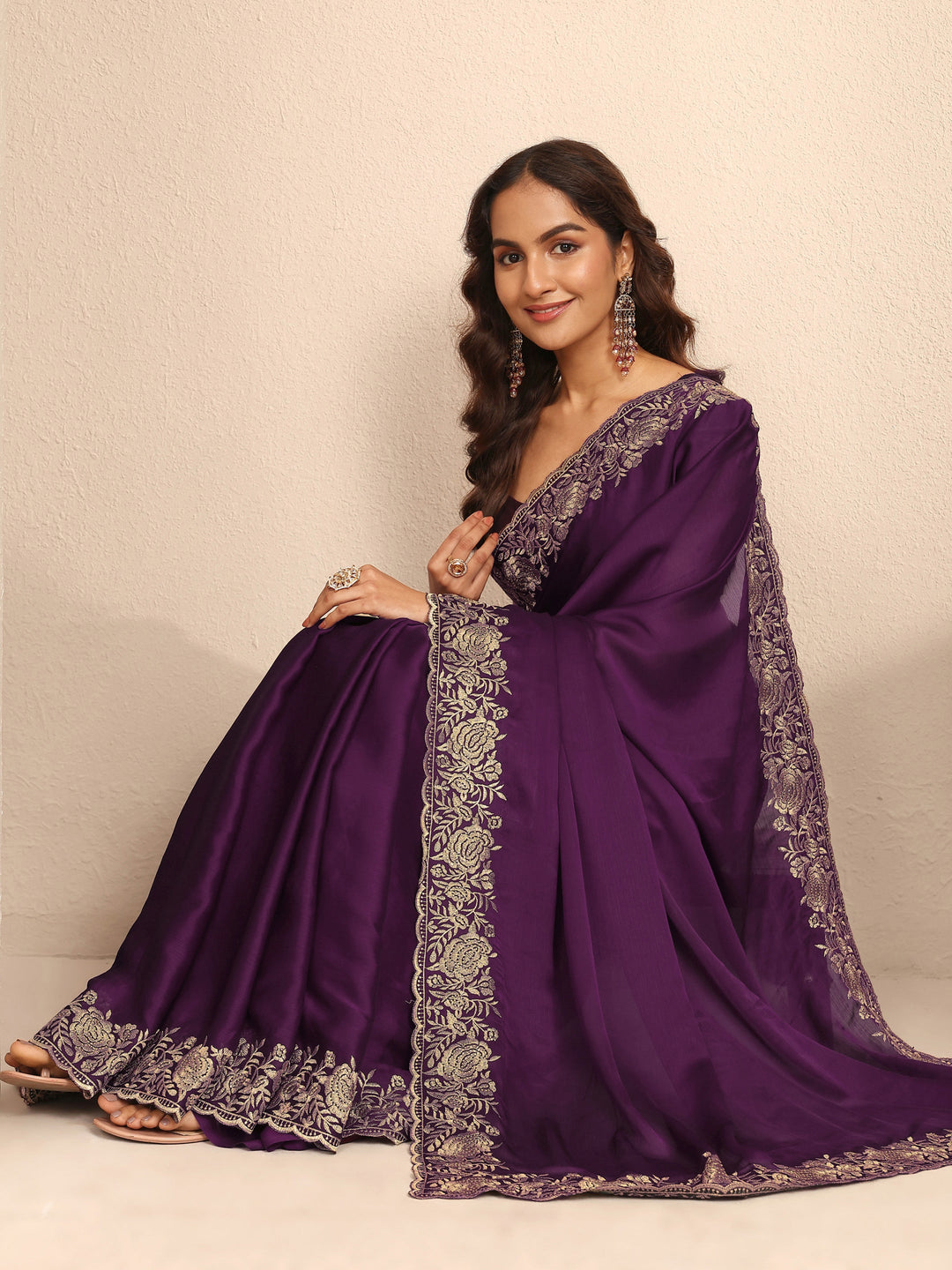  Burgundy Embroidered Silk Blend Saree With Unstitched Blouse Piece 