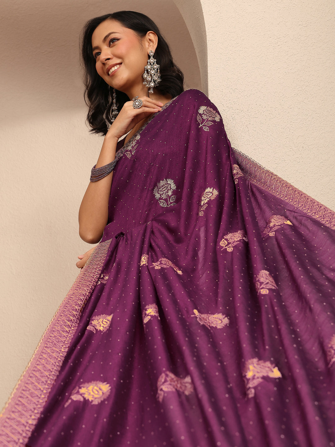  Burgundy Embroidered Silk Blend Saree With Unstitched Blouse Piece 
