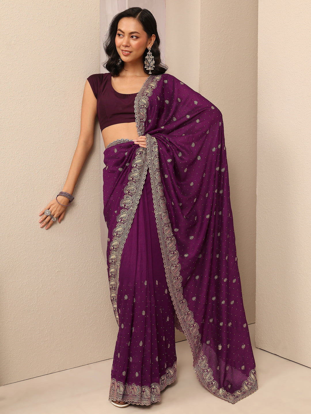  Burgundy Embroidered Silk Blend Saree With Unstitched Blouse Piece 