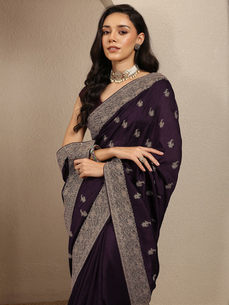 Libas Burgundy Embroidered Silk Blend Saree With Unstitched Blouse Piece