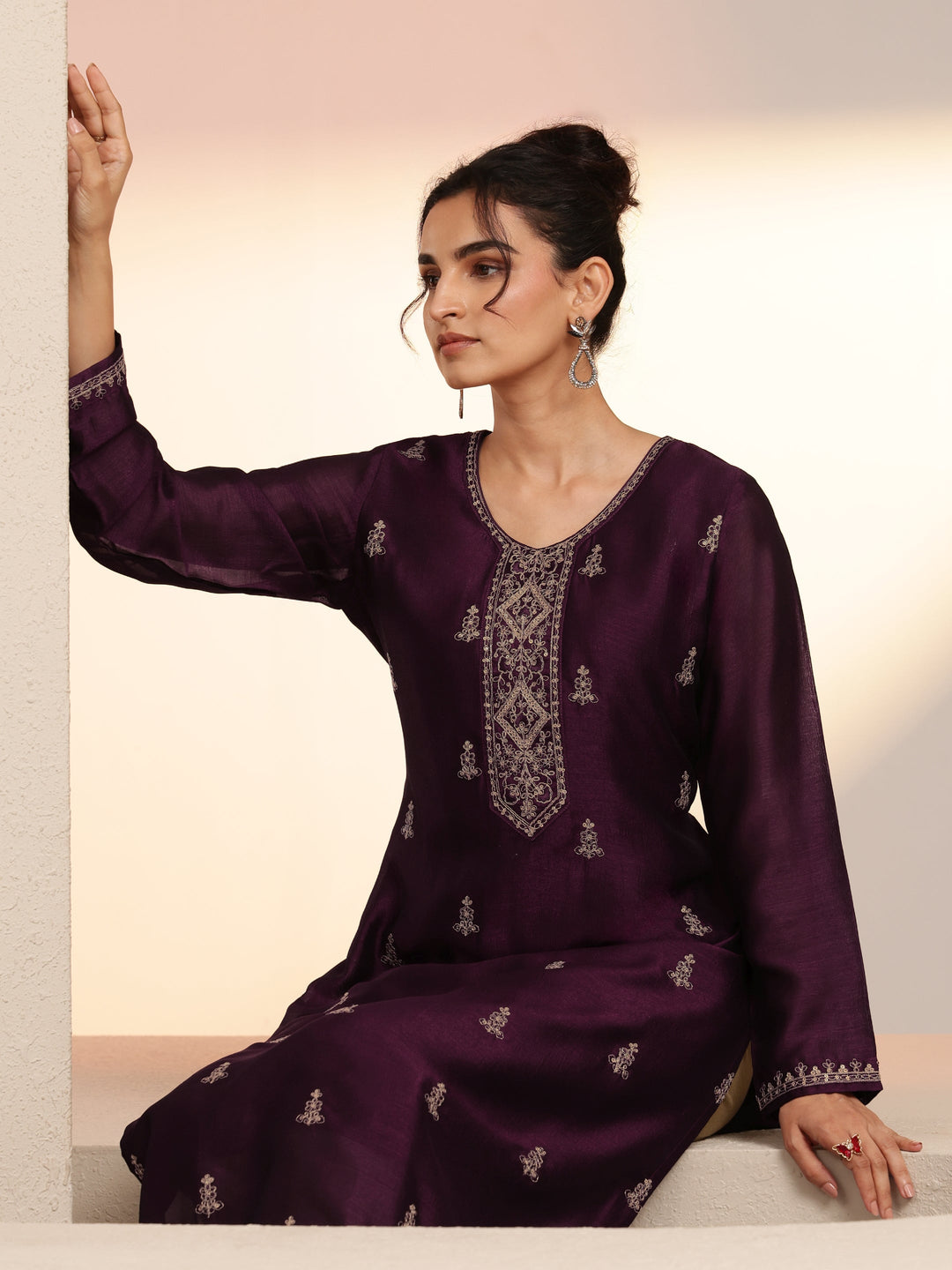  Burgundy Ethnic Embroidered Silk Blend Straight Kurta Set 