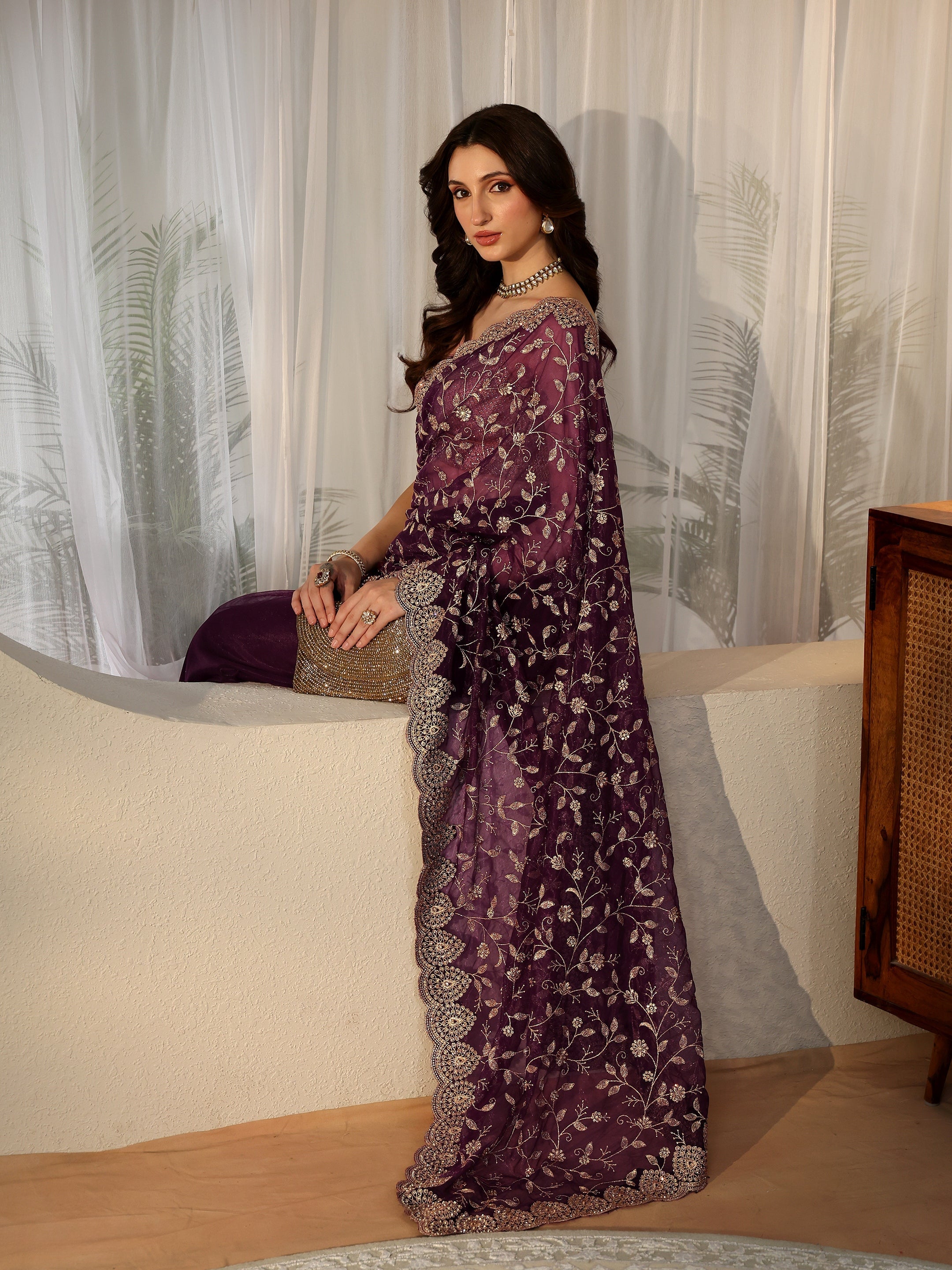 libas Burgundy Floral Embellished Net Saree-picture-53