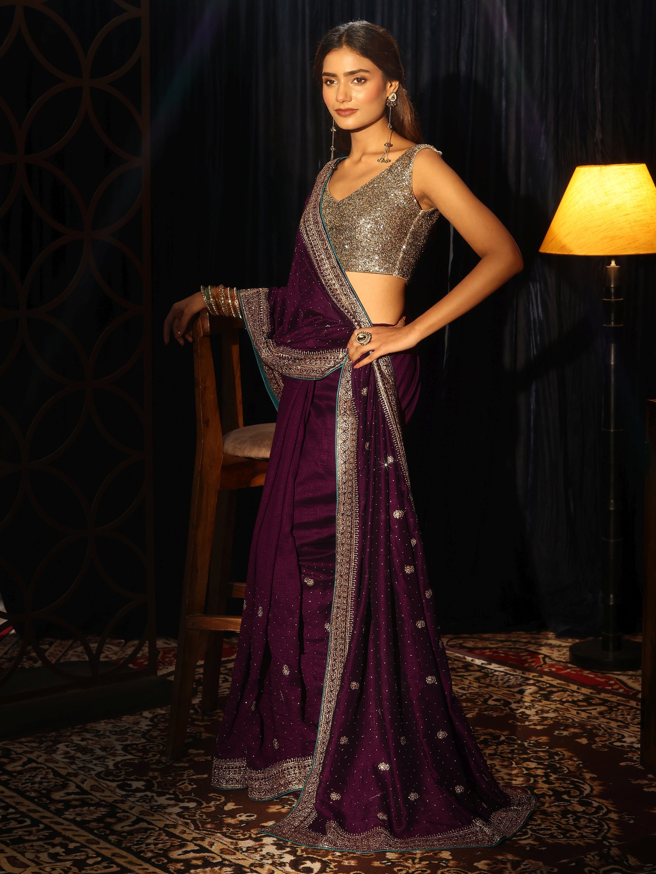 Libas Burgundy Floral Embellished Silk Blend Saree-image-34