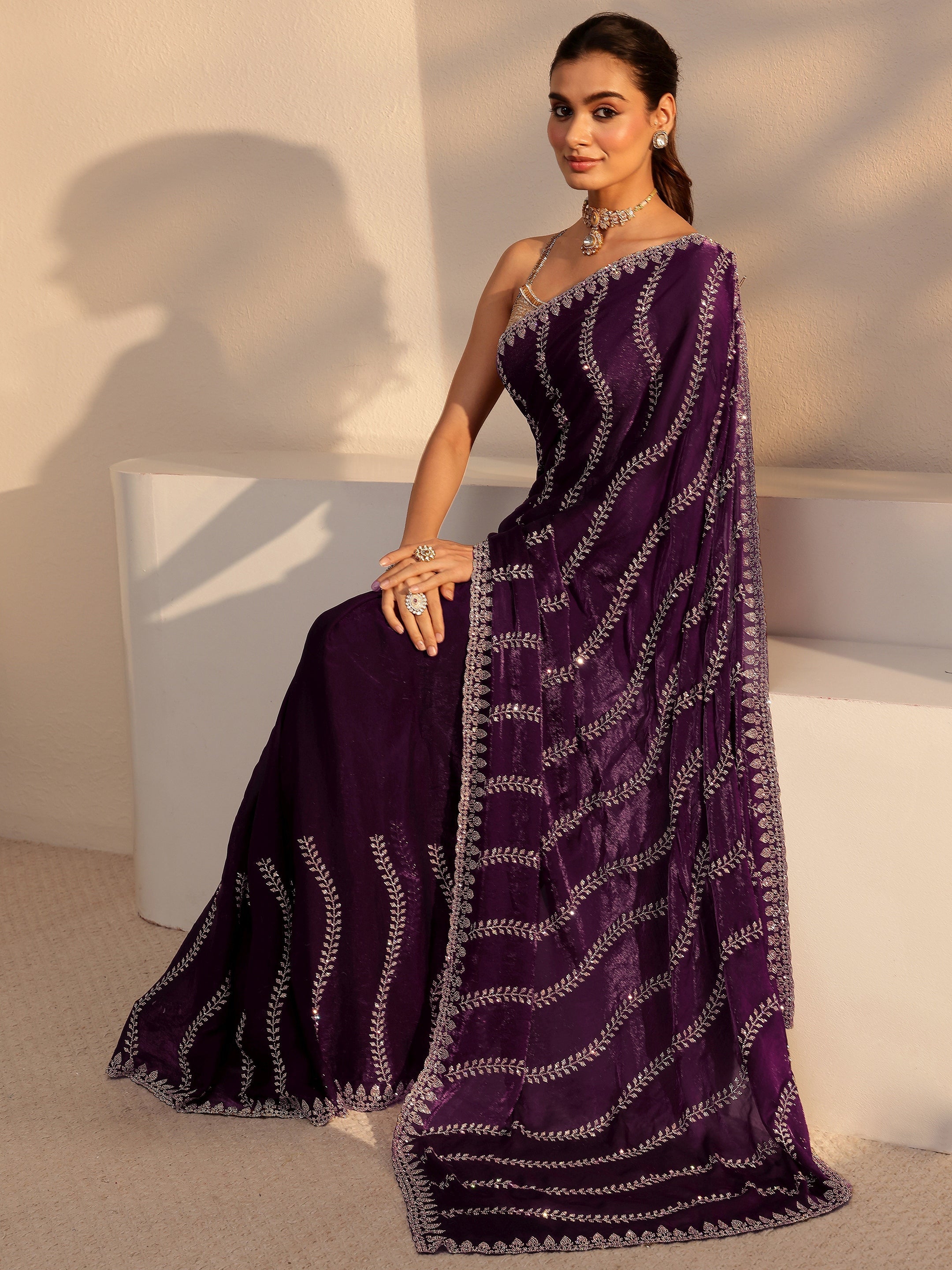 Libas Art Burgundy Floral Embellished Tissue Saree-image-42