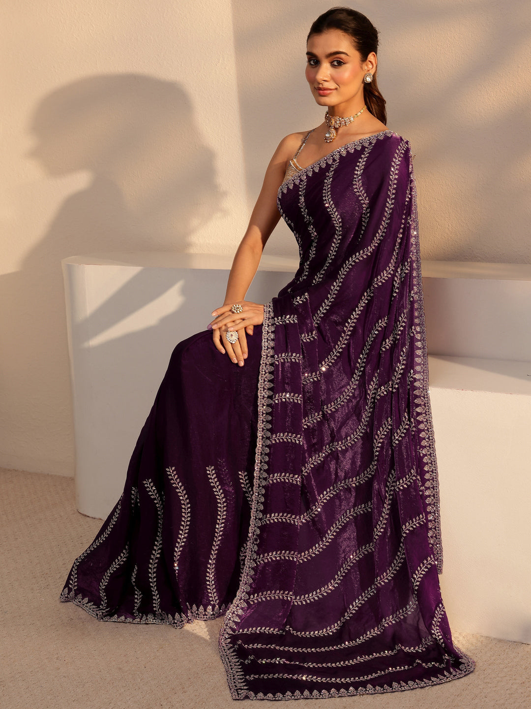  Burgundy Floral Embellished Tissue Saree 
