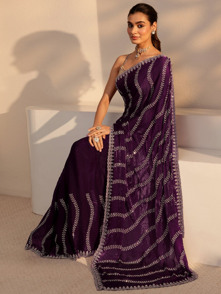 Libas Art Burgundy Floral Embellished Tissue Saree