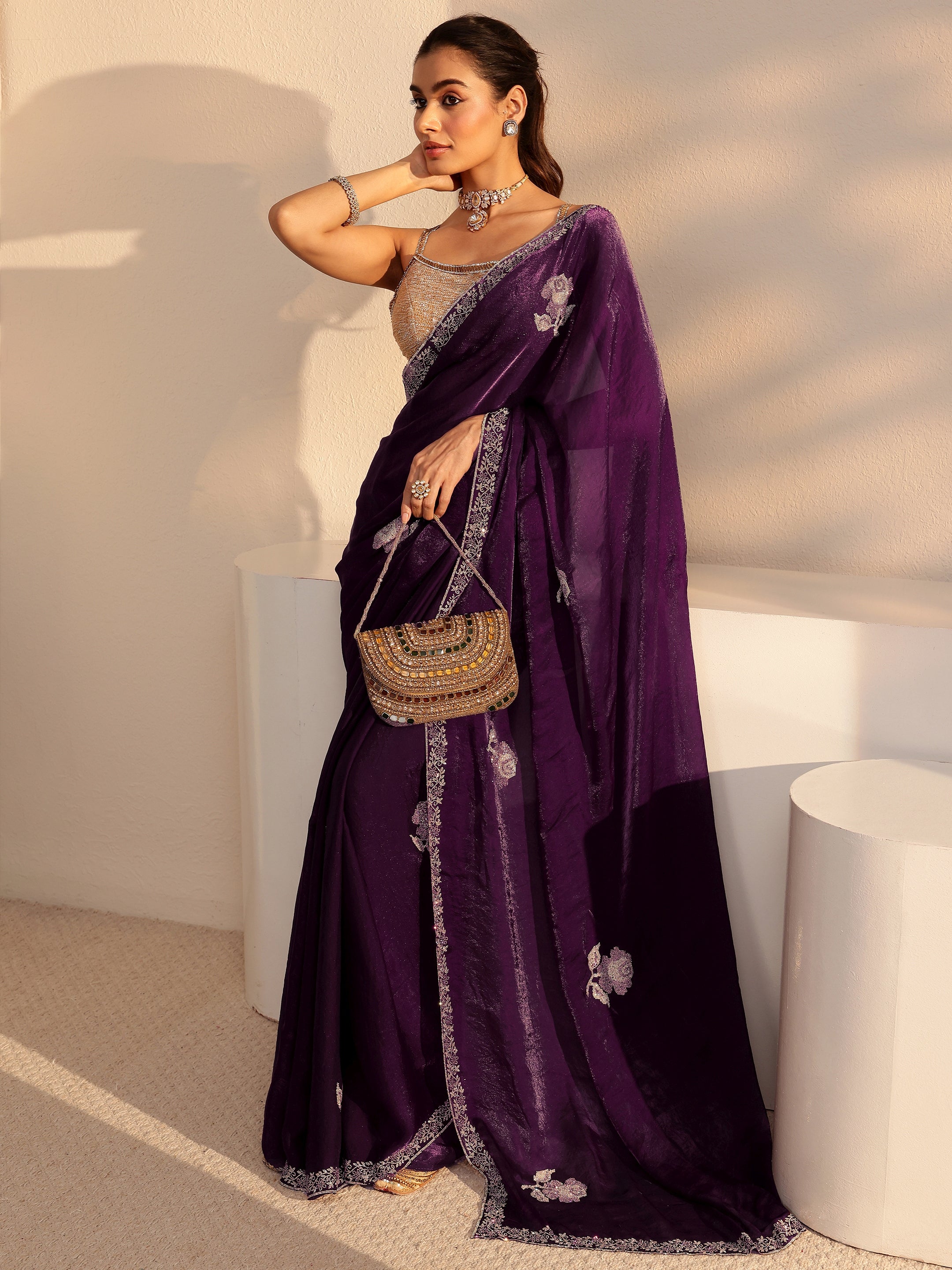 libas Burgundy Floral Embellished Tissue Saree-picture-34