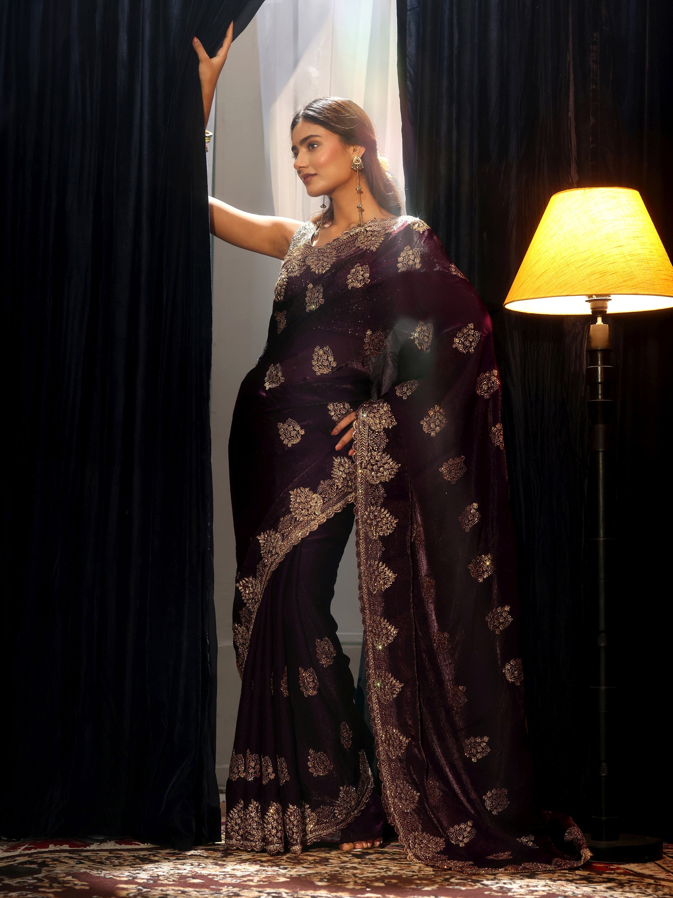Libas Burgundy Floral Embellished Tissue Saree-picture-22