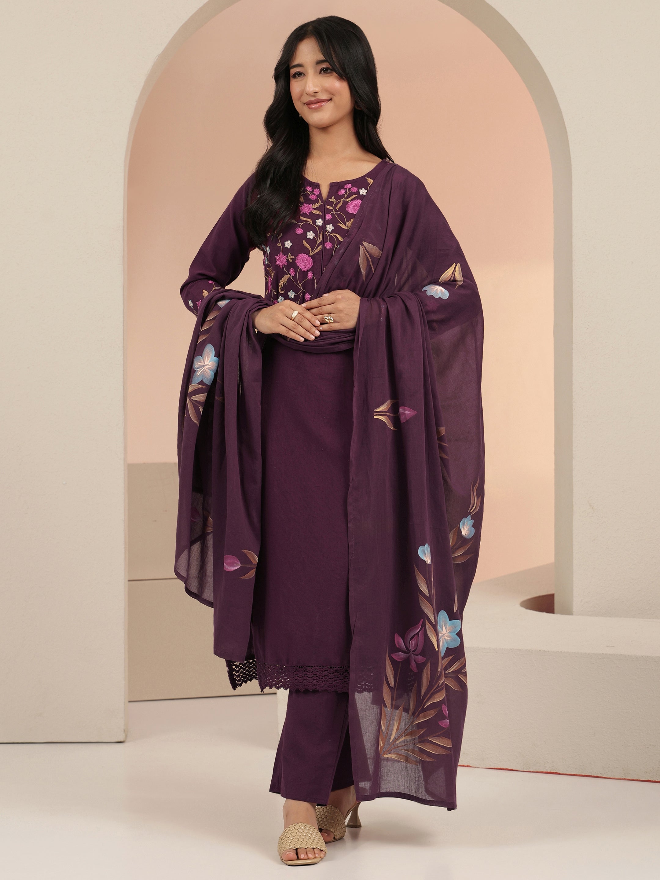 libas Burgundy Floral Embroidered Cotton Straight Suit Set-picture-50