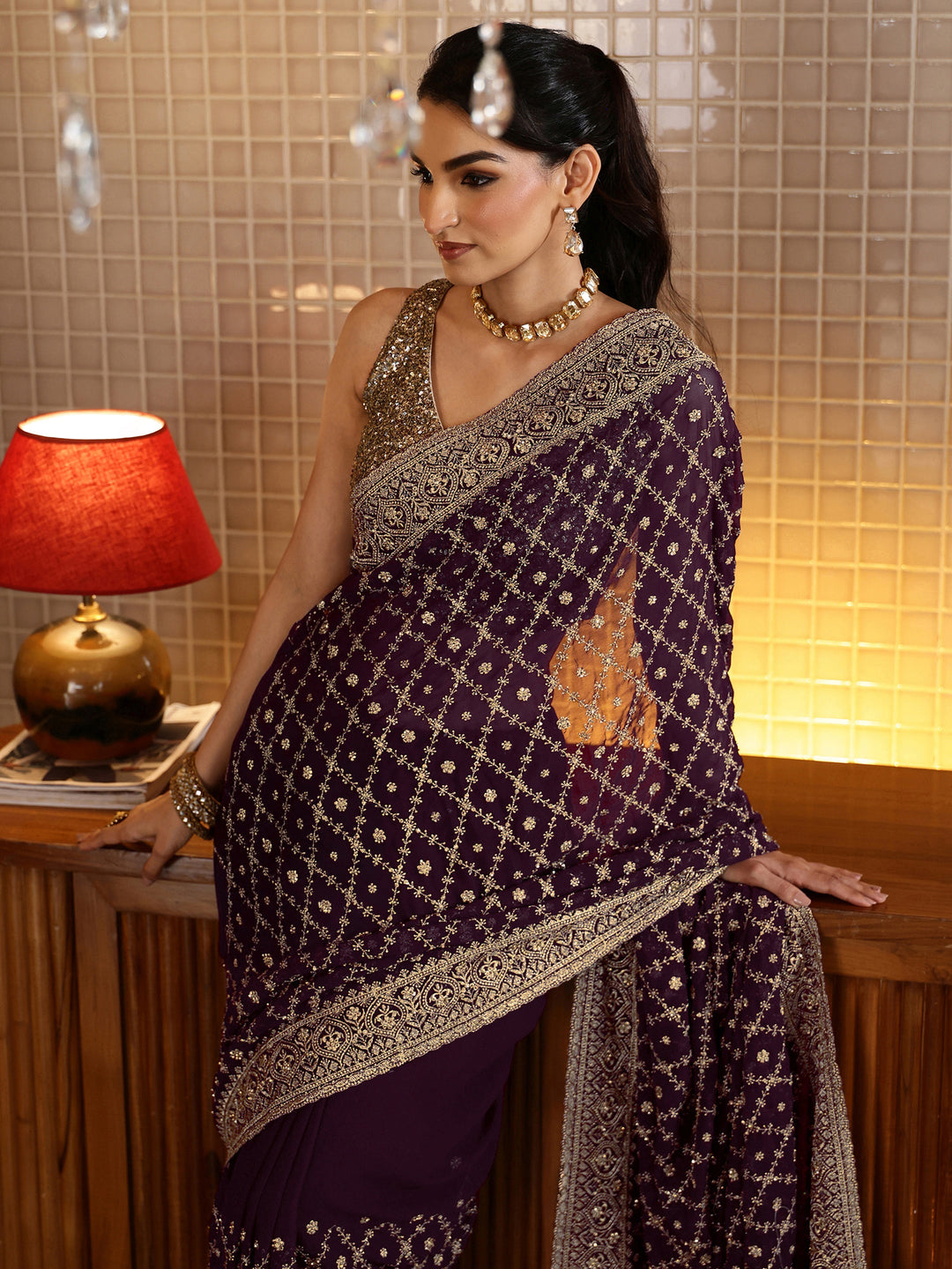  Burgundy Floral Embroidered Georgette Saree 