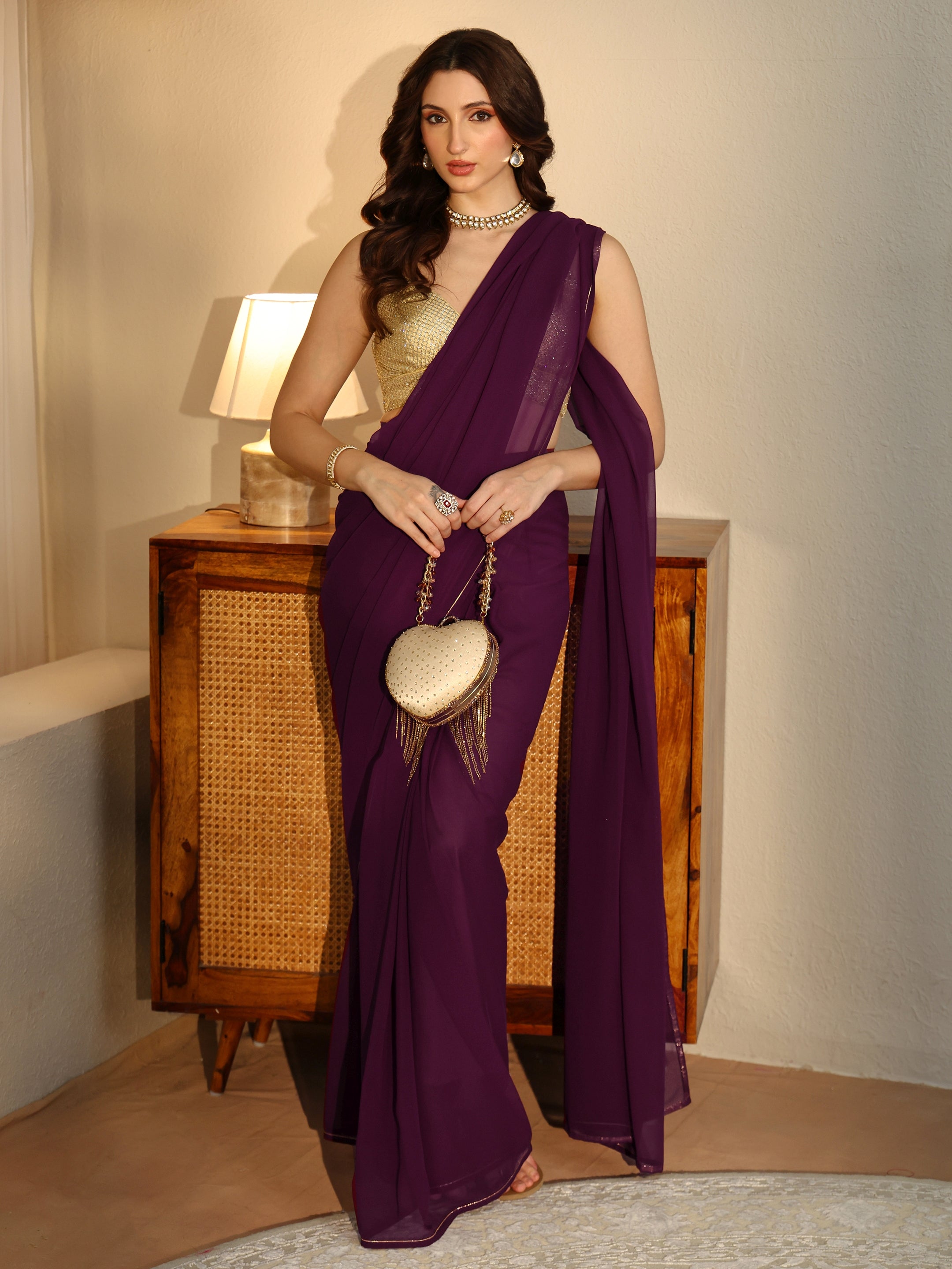 Libas Burgundy Georgette Pre Draped Saree-picture-29