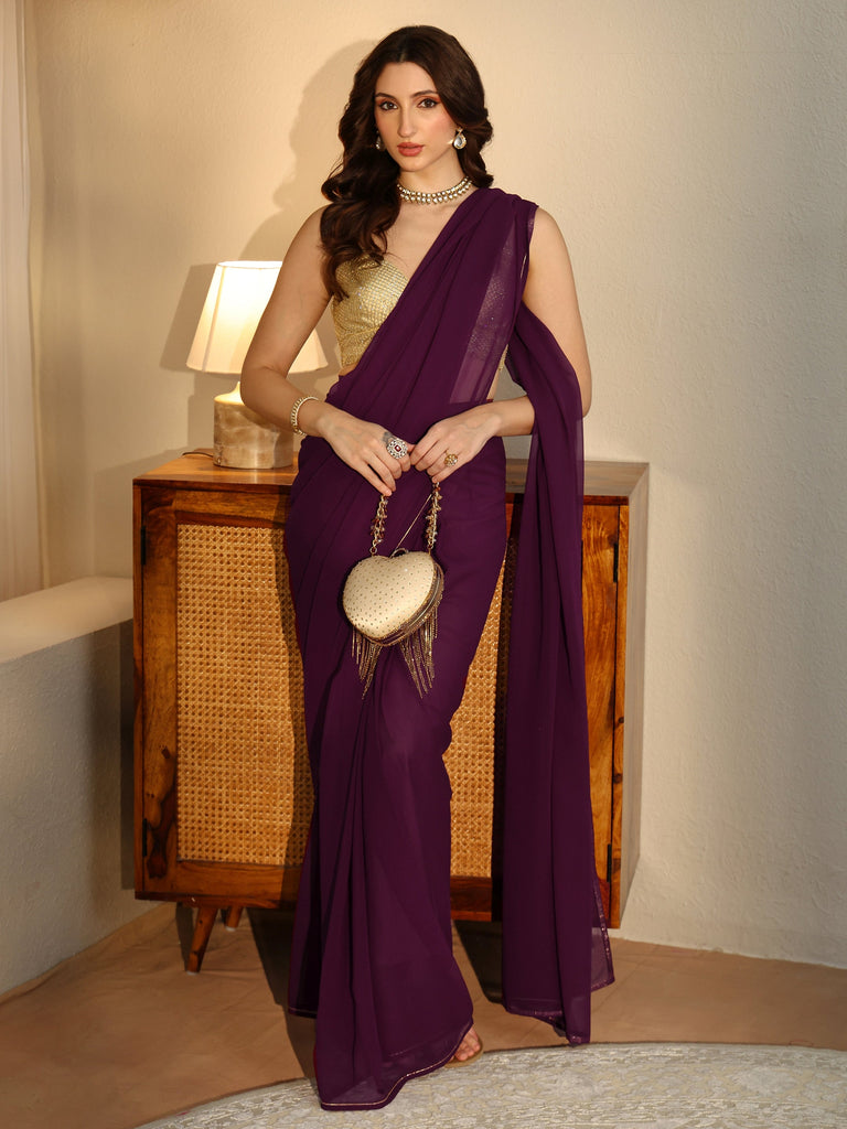 Libas Burgundy Georgette Pre Draped Saree