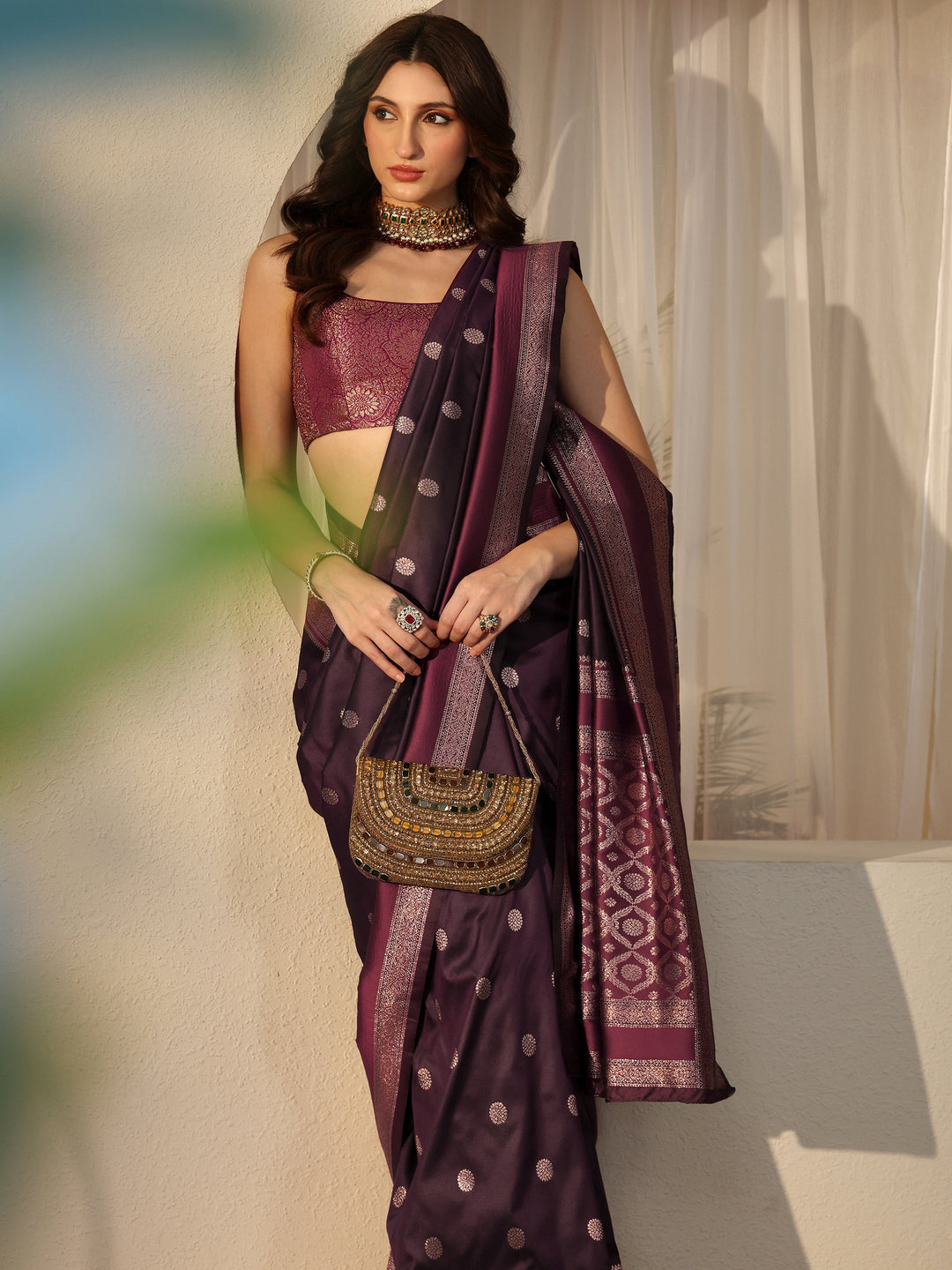 Burgundy Kanjeevaram Silk Blend Saree