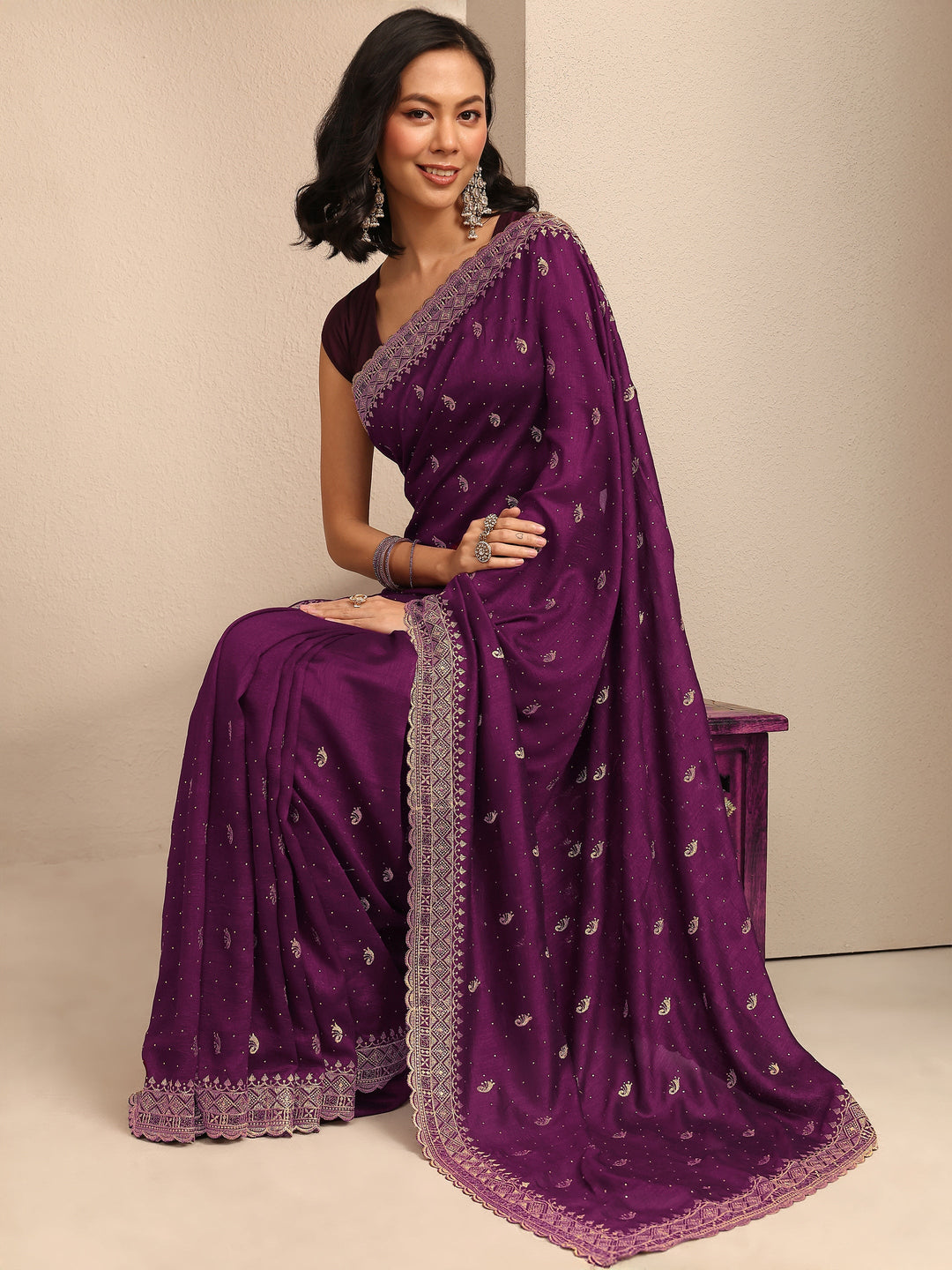  Burgundy Paisley Embroidered Silk Blend Saree With Unstitched Blouse Piece 