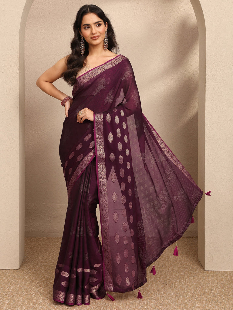 Libas Burgundy Printed Georgette Saree With Unstitched Blouse Piece