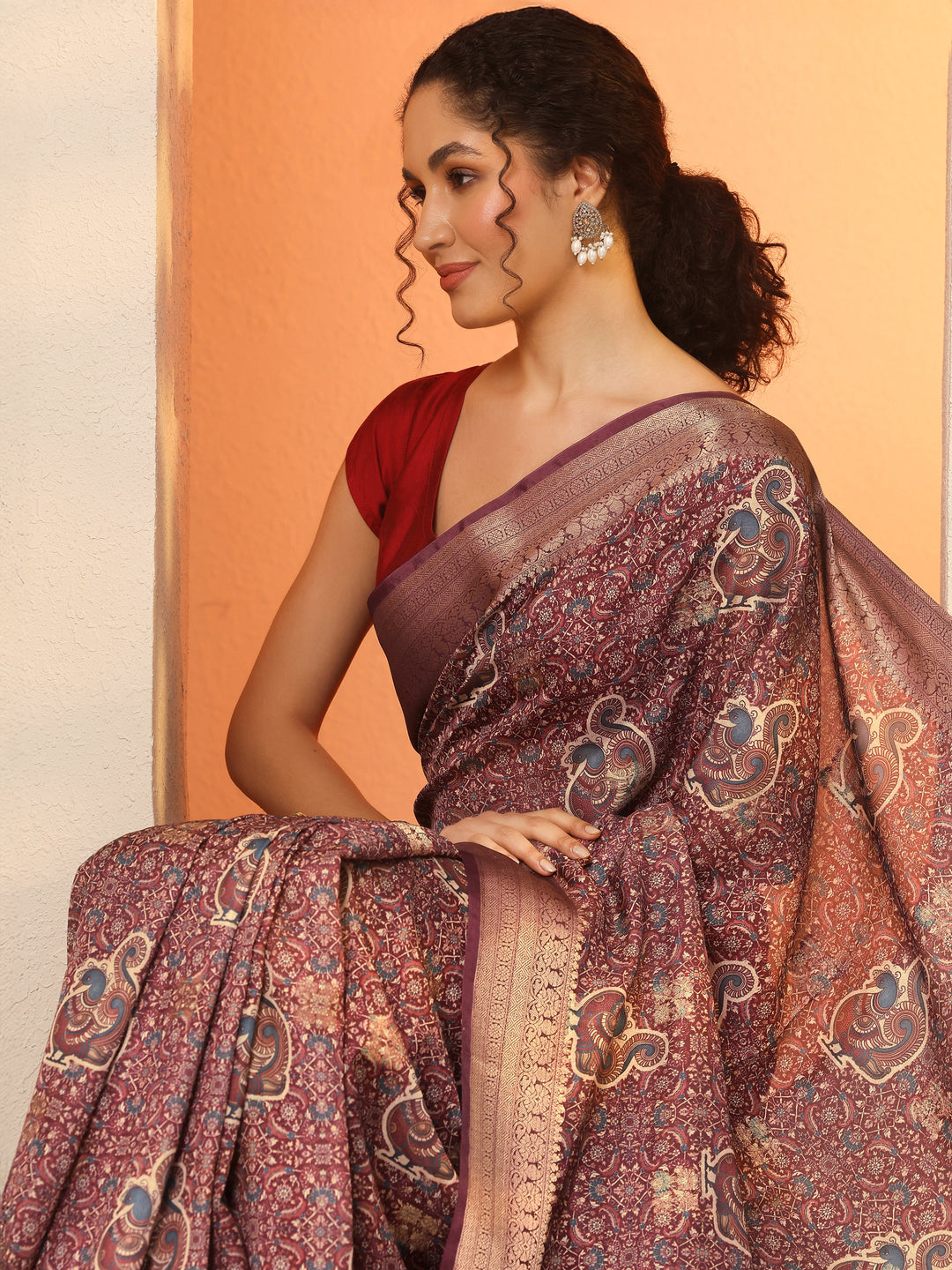 Burgundy Printed Silk Blend Saree With Unstitched Blouse Piece