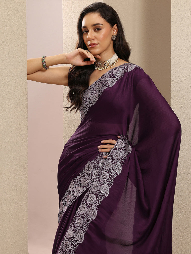 Libas Burgundy Solid Silk Blend Saree With Unstitched Blouse Piece