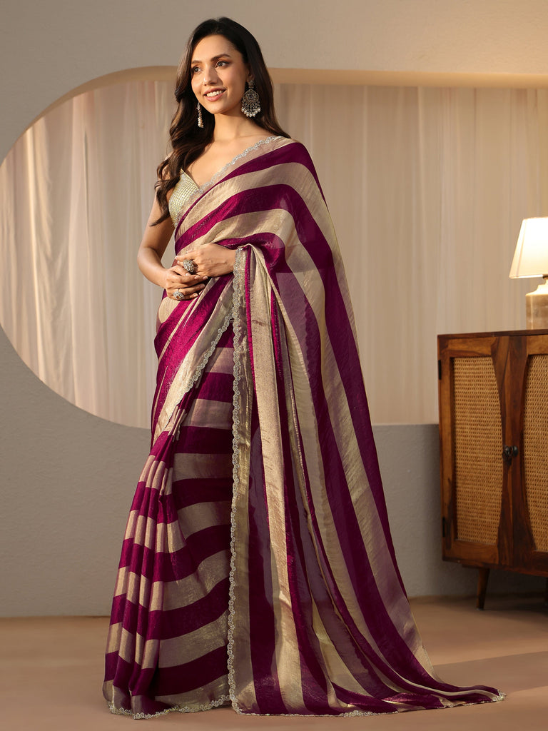 Libas Burgundy Striped Silk Blend Saree