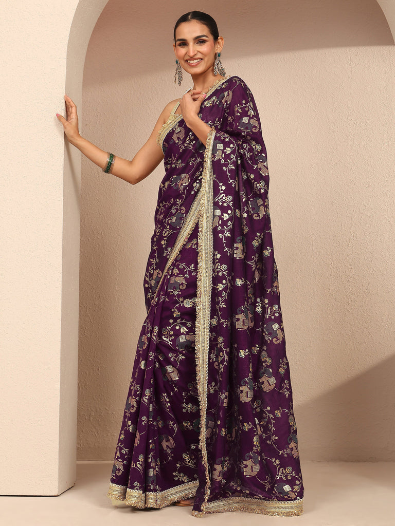 Libas Burgundy Tribal Printed Silk Blend Saree With Unstitched Blouse Piece