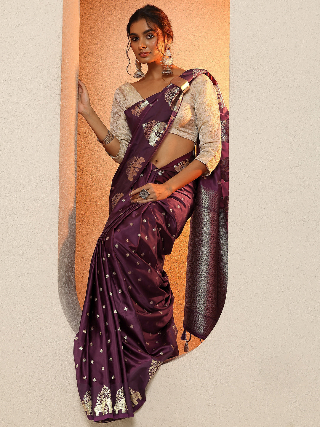 Burgundy Woven Design Silk Blend Sarees With Unstitched Blouse Piece