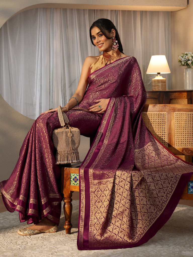 Libas Burgundy Banarasi Silk Blend Saree