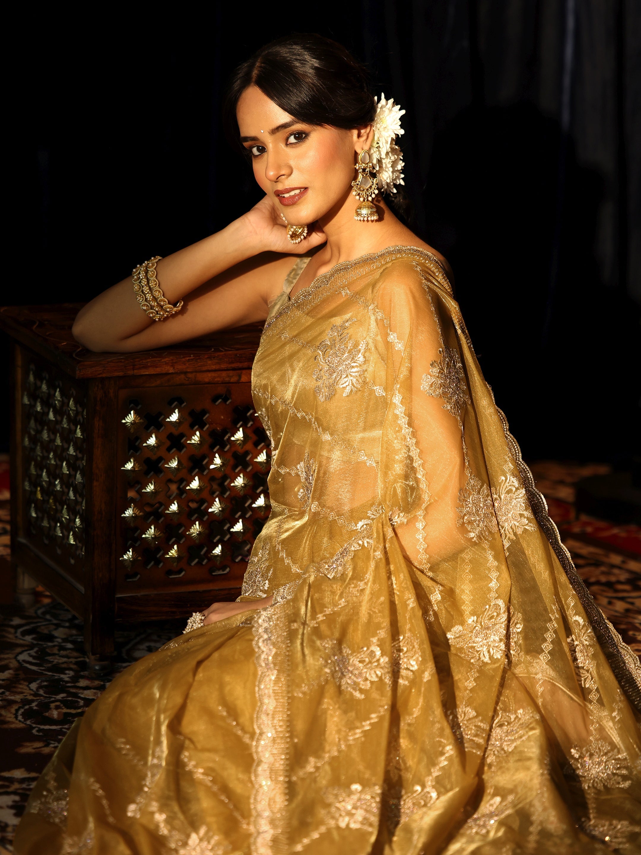 Libas Butter Yellow Floral Embellished Net Saree-picture-29