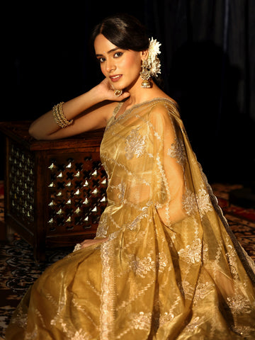 Libas Butter Yellow Floral Embellished Net Saree
