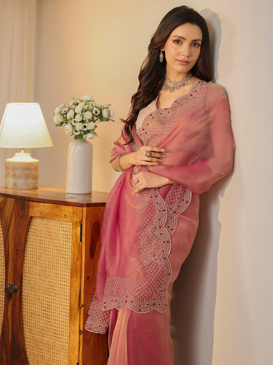  Cerise Pink Bead Work Tissue Saree 